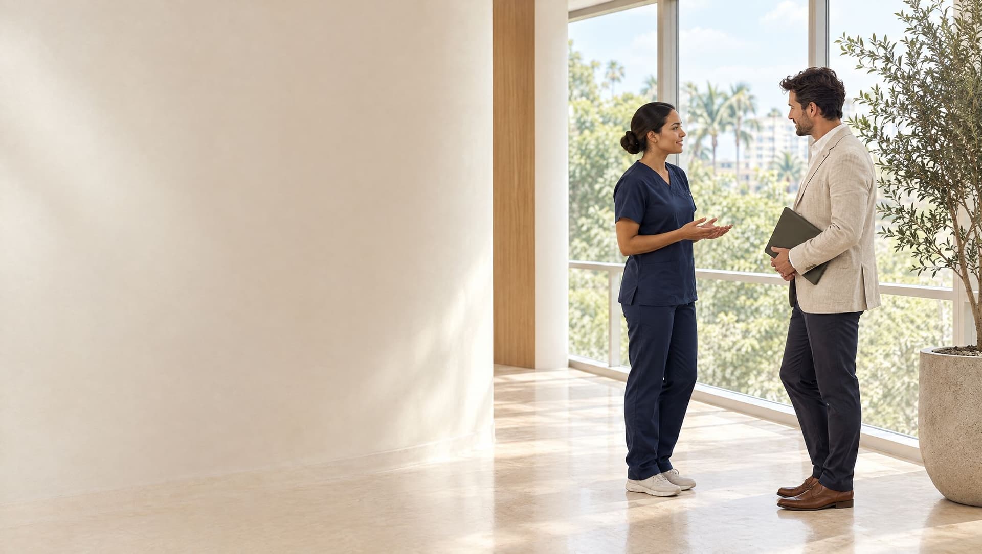 Una profesional de salud y una representante de empresa conversan junto a una ventana luminosa