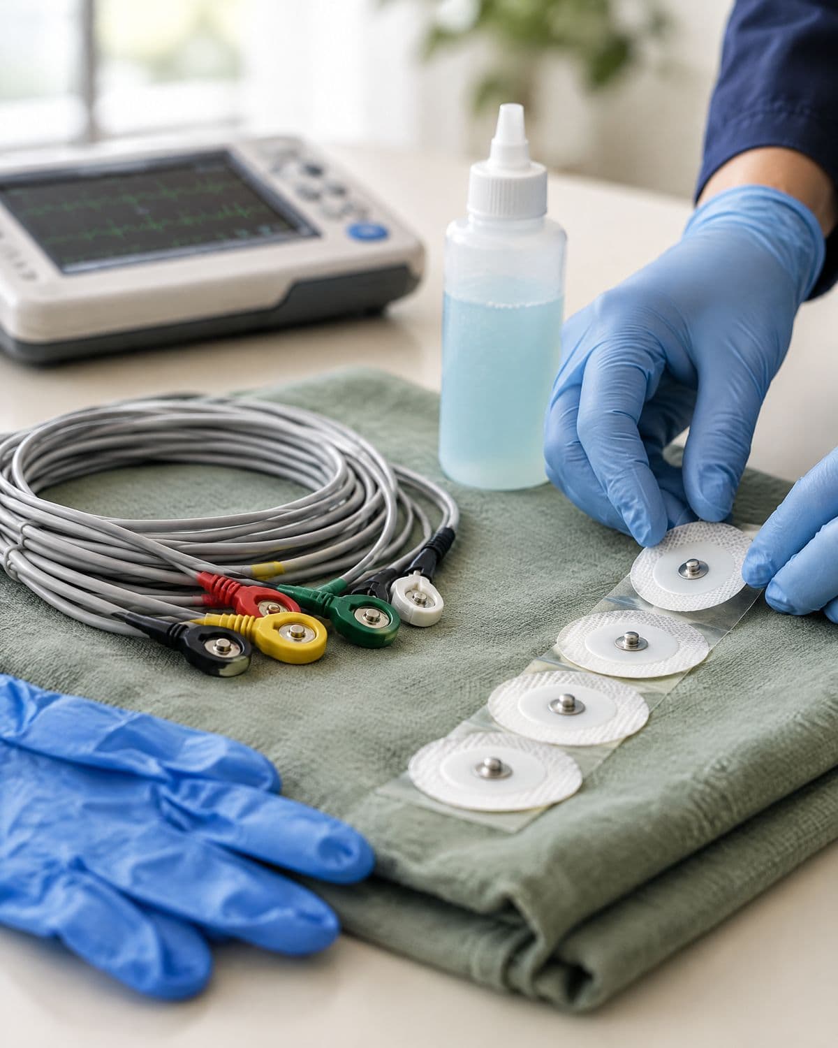 Detalle de electrodos y derivaciones de electrocardiograma sobre una tela sage
