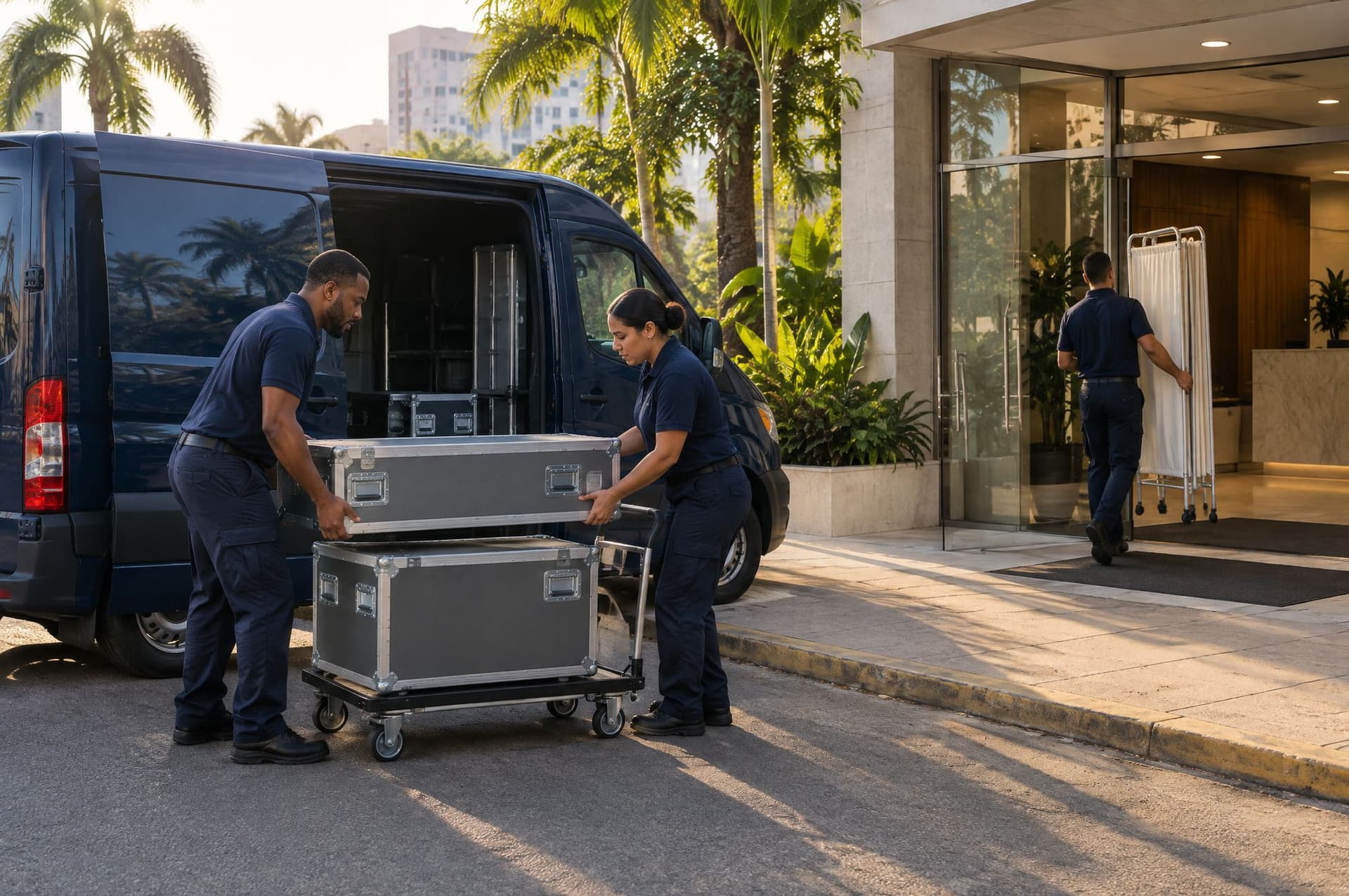 Personal descarga maletas de equipo desde una furgoneta frente a un edificio de oficinas
