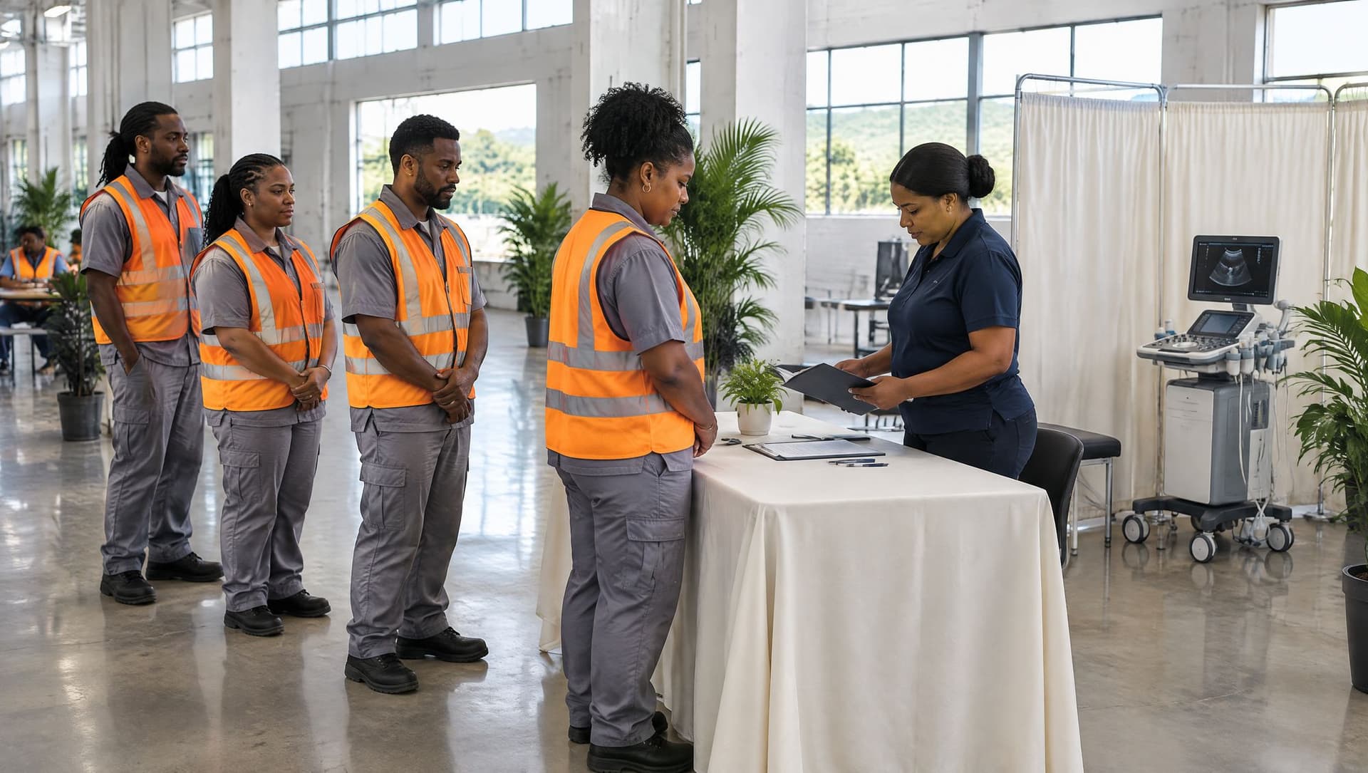 Trabajadores de una planta industrial en la mesa de registro de una jornada de salud